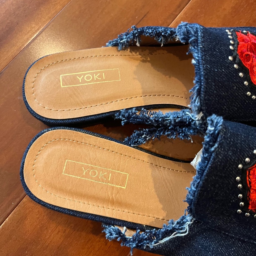 Denim Mule Shoes Rose Embroidered Studs Yoki Willas-71 Dark Blue New Size 9 - Picture 8 of 9